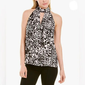 Molly Black White Leopard Print Halter Neck Bow Sleeveless Blouse Top Size S